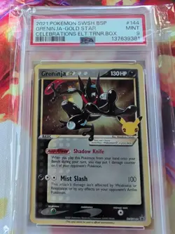 Pokemon Greninja Gold Star Celebrations ETB Black Star Holo Promo SWSH144 PSA 9 - Image 1