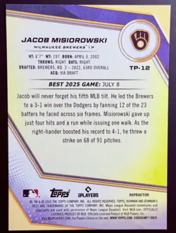 2025 Bowman's Best Jacob Misiorowski Top Prospects REFRACTOR #TP-12 Brewers - Image 2