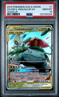 2019 POKEMON SUN & MOON TEAM UP #1 CELEBI & VENUSAUR GX PSA 10 - Image 1