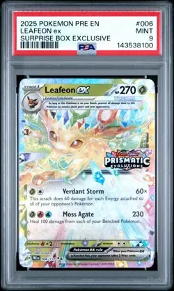 Pokemon Prismatic Evolutions Leafeon ex 006/131 Surprise Box Stamped - PSA 9 - Image 1