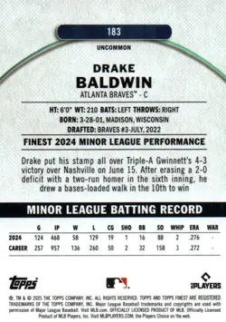 2025 Topps Finest DRAKE BALDWIN RC #183 Uncommon Blue Checkerboard 59/75 - Image 2