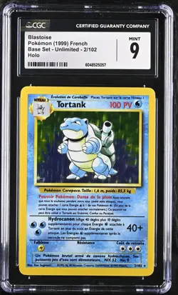 CGC 9 MINT Blastoise 1999 FRENCH Base Set Tortank 2/102 Holo Pokemon Card - Image 1
