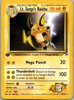 Lt. Surge's Raichu 28/132 Rare Gym Heroes Pokemon Unlimited Lightly Played - Image 1