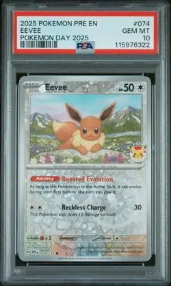 2025 POKEMON PRE EN-PRISMATIC EVOLUTIONS POKEMON DAY 2025 #074 EEVEE PSA 10 - Image 1