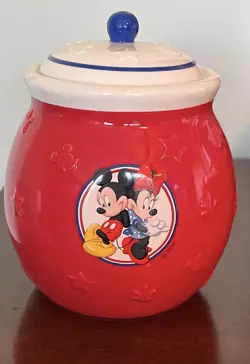 Vintage Disney Mickey and Minnie Mouse Red White & Blue Ceramic Cookie Jar-7” - Image 1