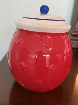 Vintage Disney Mickey and Minnie Mouse Red White & Blue Ceramic Cookie Jar-7” - Image 2