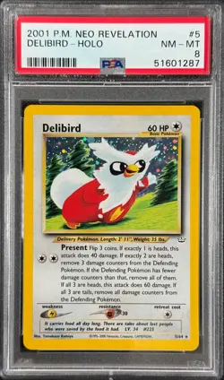 Pokemon Card Delibird 5/64 Holo Neo Revelation WOTC PSA 8 - Image 1