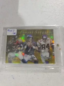 Rare 1999 Topps Finest Gold Refractor Elway Moss Terrell Davis #057/100 Die Cut - Image 1