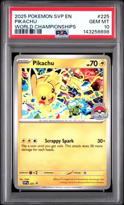 2025 POKEMON SVP EN-SV BLACK STAR PROMO WORLD CHAMPIONSHIPS #225 PIKACHU PSA 10 - Image 1