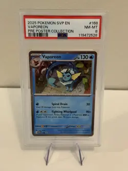 Vaporeon SVP 168 Prismatic Evolutions Poster Collection PRE Pokemon Card PSA 8 - Image 1
