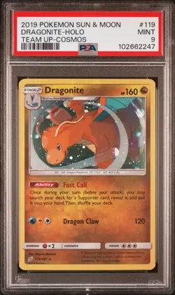 2019 Pokemon Sun & Moon Team Up #119 Dragonite-Holo Team Up-Cosmos PSA 9 - Image 1