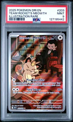 2025 Pokemon DRI EN Team Rocket’s Meowth #203 Illustration Rare PSA 9 - Image 1
