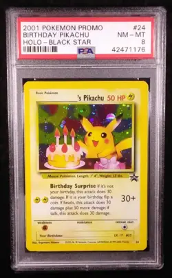 PSA 8 Pokemon TCG Birthday Pikachu #24 2001 Promo Black Star Holo - Image 1