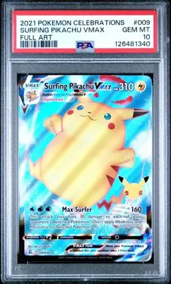 2021 POKEMON CELEBRATIONS #009 FULL ART/SURFING PIKACHU VMAX PSA 10 - Image 1