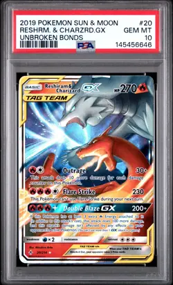 2019 POKEMON SUN & MOON UNBROKEN BONDS #20 RESHIRAM & CHARIZARD GX PSA 10 - Image 1