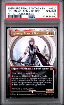 2025 MTG FINAL FANTASY ARTIST BORDERLESS #0320 LIGHTNING, ARMY OF ONE PSA 10 - Image 1