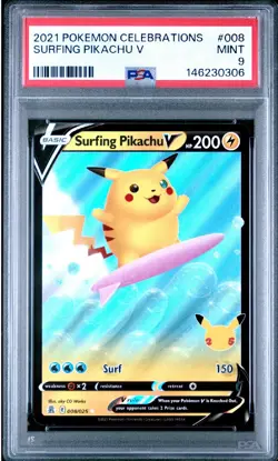 2021 POKEMON CELEBRATIONS #008 SURFING PIKACHU V PSA 9 - Image 1