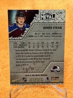 /199 Bowen Byram RC 2020-21 NHL Metal Universe #120 PURPLE SPECTRUM - Avalanche - Image 2