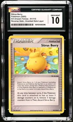 CGC 10 Sitrus Berry Inverted Reverse Holo Error #91 (2005) Unseen Forces Pokemon - Image 1