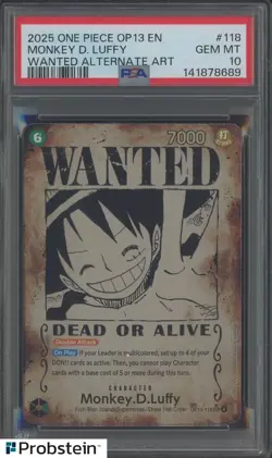 2025 One Piece OP13-118 EN Monkey D Luffy Wanted Alternate Art PSA 10 GEM MINT - Image 1