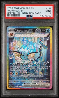 2025 POKEMON PRISMATIC EVOLUTIONS VAPOREON EX #149 PSA 9 MINT - Image 1