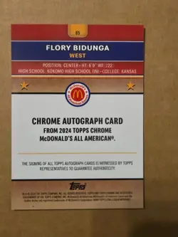 2024 Topps Chrome McDonald's All-American Flory Bidunga Auto Gold Refractor #/50 - Image 3