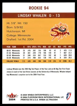 2004-05 Fleer Ultra WNBA Rookie (Minor Edge White) Lindsay Whalen #94 - Image 2