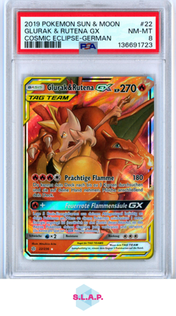 GLURAK & RUTENA GX COSMIC ECLIPSE-GER POKEMON SM COSMIC ECLIPSE 2019 22 PSA 8 - Image 1