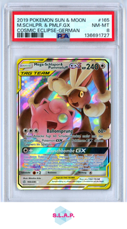 M.SCHLPR. & PMLF.GX COSMIC ECLIPSE-GER POKEMON SM COSMIC ECLIPSE 2019 165 PSA 8 - Image 1