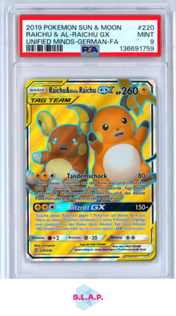 RAICHU & AL-RAICHU GX UNIFIED MINDS-GER-FA POKEMON SM 2019 220 PSA 9 - Image 1