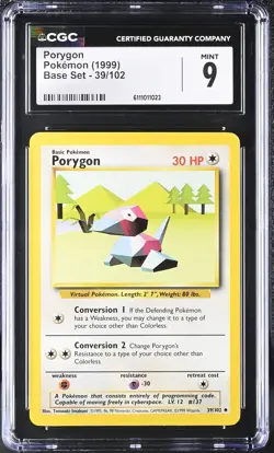 1999 Pokemon Porygon Base Set #39/102 CGC 9 MINT FRESH SLAB - Image 1
