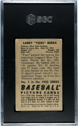 SGC 3 1952 Bowman #1 Yogi Berra New York Yankees - Image 2