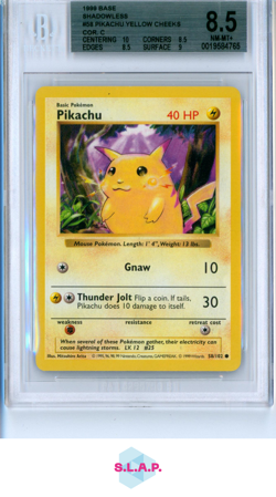 PIKACHU (YELLOW CHEEKS) COR C 1999 POKEMON BASE SHADOWLESS 58 BGS 8.5 - Image 1