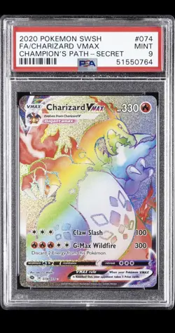 2020 Secret POKEMON SWORD & SHIELD CHAMPION'S PATH #074 Charizard Vmax PSA 9 - Image 1