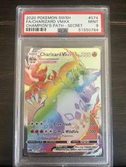 2020 Secret POKEMON SWORD & SHIELD CHAMPION'S PATH #074 Charizard Vmax PSA 9 - Image 3