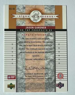 2003 Upper Deck Jason Gardner Auto “Signs Of Success” SS-JG - Image 2