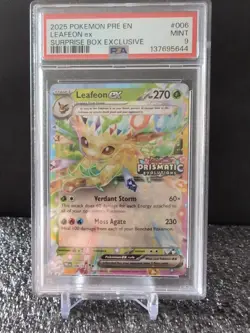 PSA 9 Pokemon Prismatic Evolutions Surprise Box Promo Leafeon EX 006/131 Stamped - Image 1