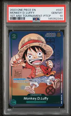 2023 ONE PIECE PROMOS 037 MONKEY D. LUFFY 1ST ANNIVERSARY TOURNAMENT PSA 10 - Image 1