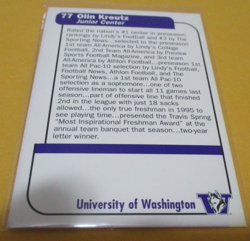 OLIN KREUTZ 1997 UW HUSKIES COLLEGE FOOTBALL ROOKIE CARD NNO RARE BEARS HOF C - Image 2