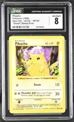 CGC 8 Pikachu 1999 Base Set 1st Edition 58/102 "Ghost" Stamp Error Pokemon Card - Image 1