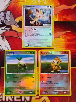Pokemon (3) Card Lot Platinum Stamp BK Promos - Meowth / Chimchar / Turtwig LP - Image 1
