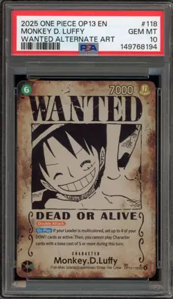 One Piece CCG Monkey.D.Luffy Wanted Alternate Art OP13-118 PSA 10 Gem Mint - Image 1