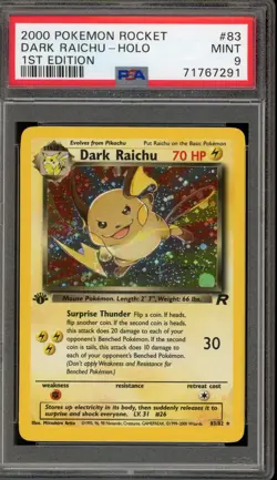 Pokemon Dark Raichu Team Rocket 1st Edition Holo Rare #83 PSA 9 Mint - Image 1