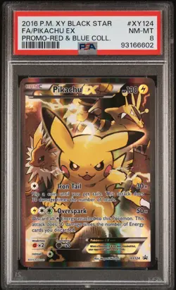 2016 Pokemon XY Black Star Full Art PIKACHU EX Promo Red & Blue Collection PSA 8 - Image 1