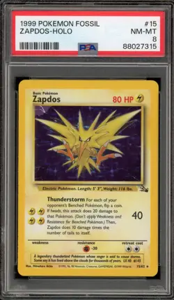 Pokemon Zapdos Fossil Unlimited Holo Rare #15 PSA 8 - Image 1