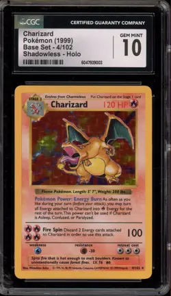 Pokemon Charizard Base Set Shadowless Holo Rare #4 CGC 10 Gem Mint - Image 1