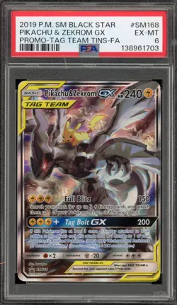 Pokemon Pikachu & Zekrom GX Tag Team Tins Black Star Full Art Promo SM168 PSA 6 - Image 1