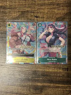 One Piece Card Game Heroines Battle Nico Robin + Jewlery Bonney Winner cards NM - Image 1