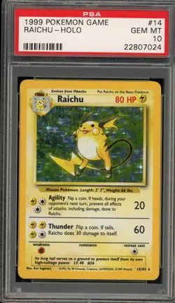 Pokemon Raichu Base Set Unlimited Holo Rare #14 PSA 10 Gem Mint - Image 1