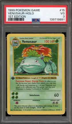 Pokemon Venusaur Base Set Shadowless 1st Edition Holo Rare #15 PSA 3 - Image 1